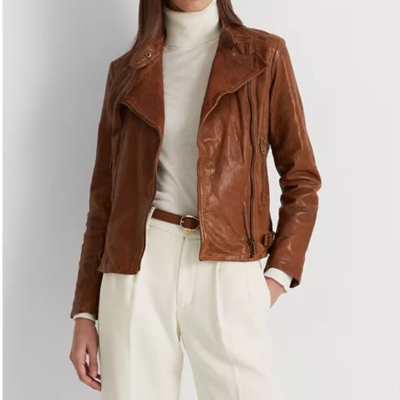 Lauren Ralph Lauren Burnished Leather Moto Jacket Size 4 - Picture 1 of 10